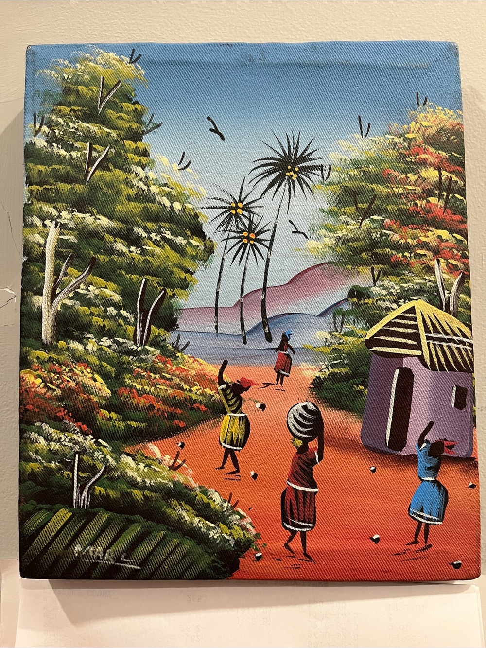 Haitian Folk Art Village Landscape Painting
Signed Colorful Wall Decor‎